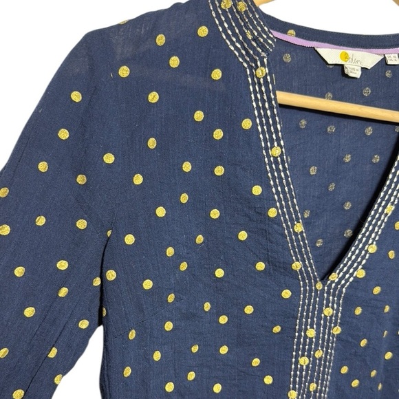 Boden Navy Embroidered Gold Foil Polka Dots Cotton Blouse - Picture 7 of 10